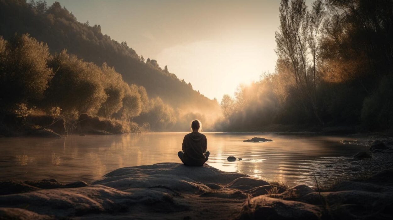 Mujer en la naturaleza meditando en soledad